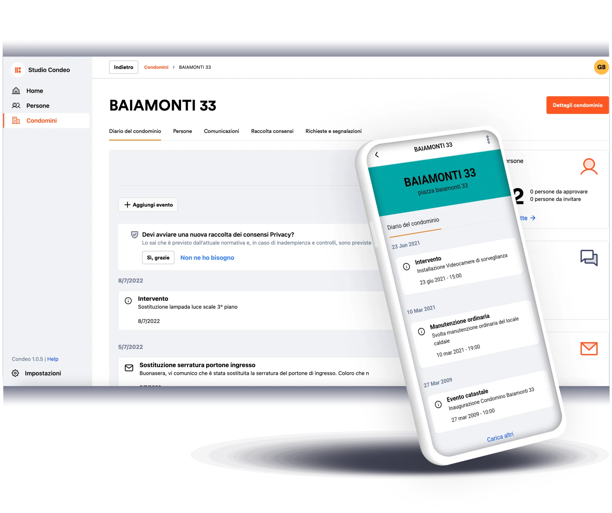 Piattaforma Condeo per diario del condominio su desktop e smartphone