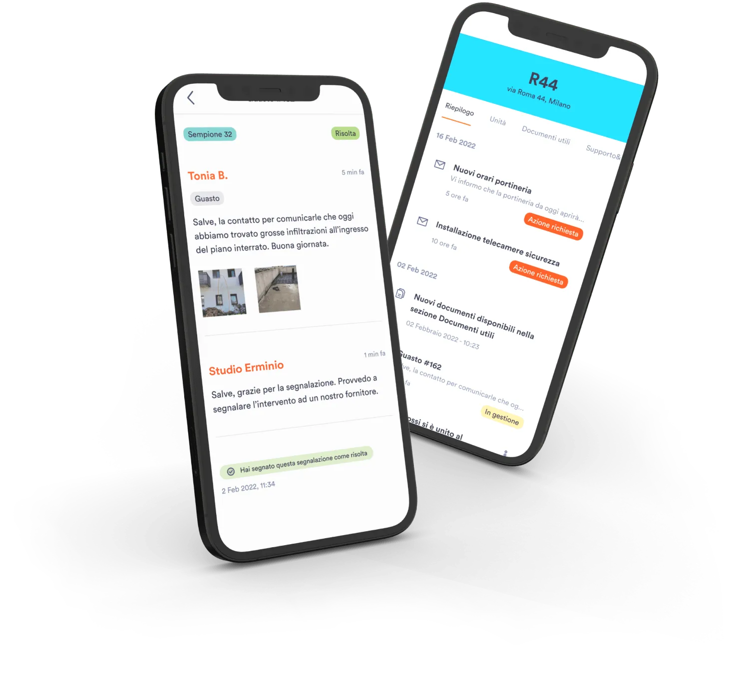 Schermate mobile Condeo con segnalazioni e diario del condominio